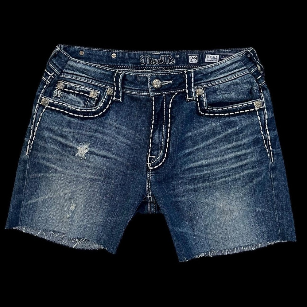 Miss Me Vintage Dark Blue Jean Shorts with Distressed Details